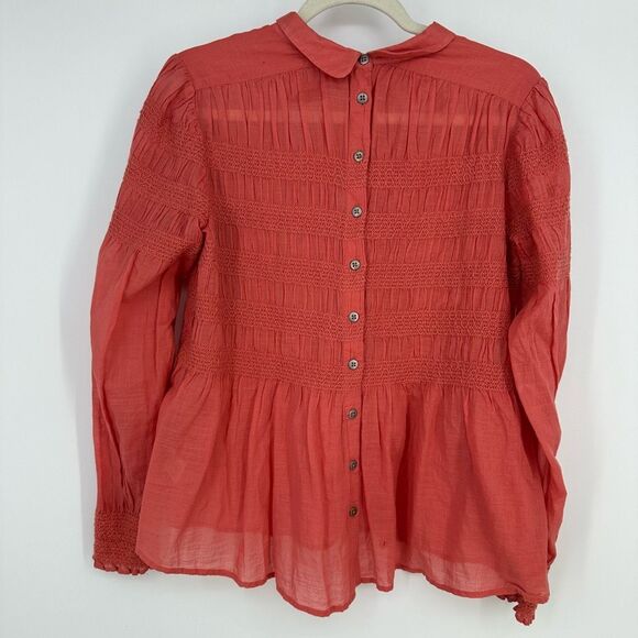 Free People Gauze Cotton Blouse Size M Long Ballon Sleeve Coral Cottage Boho - Picture 2 of 8